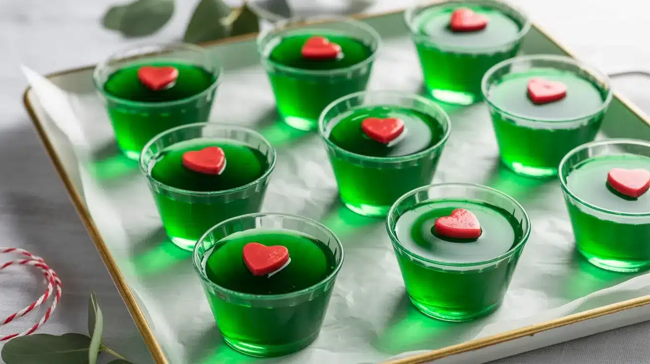 Festive Grinch Jello Shots served in plastic cups for holiday parties
