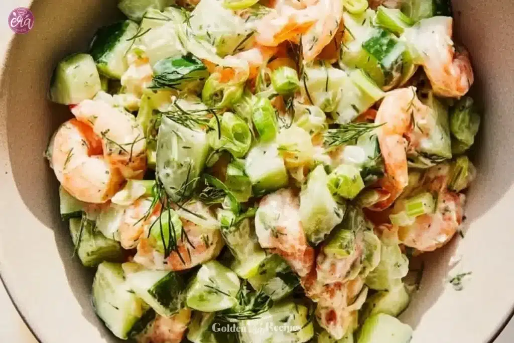 Healthy Cucumber Shrimp Salad 1 Healthy cucumber shrimp salad with fresh vegetables in a bowl