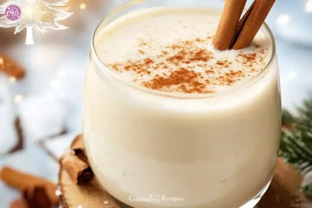 Homemade Eggnog 1 A glass of homemade eggnog topped with nutmeg and cinnamon in a festive setting.