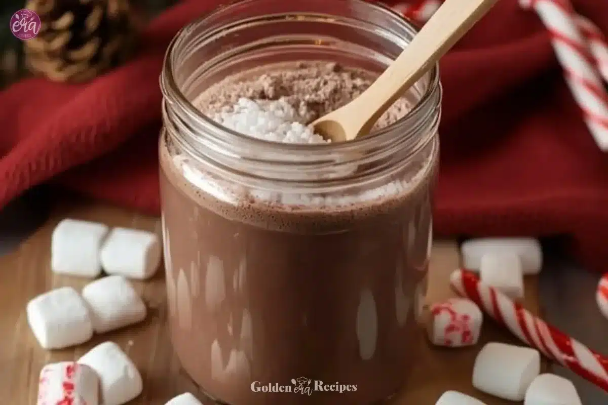 Homemade hot chocolate mix in a mason jar with cocoa powder and marshmallows