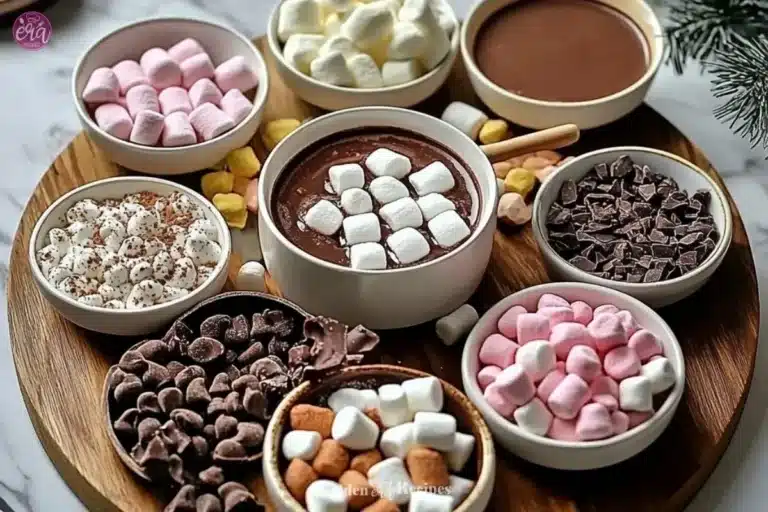A beautifully arranged Hot Chocolate Bar with toppings and mugs.