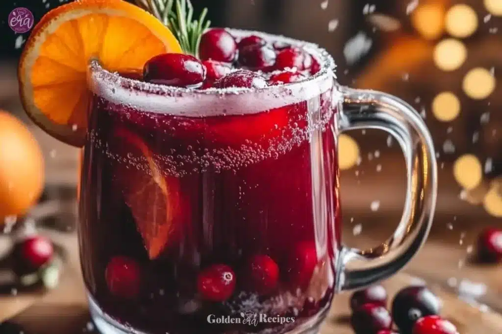 Hot Cranberry Sparkler Mocktail 1 Hot Cranberry Sparkler Mocktail served in a glass with festive garnishes.