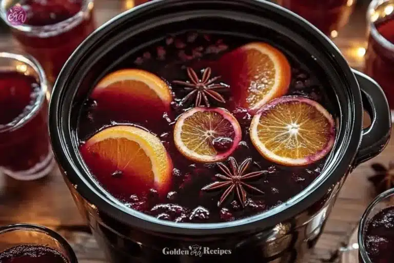 Crockpot mulled wine in a cozy setting with spices and oranges.