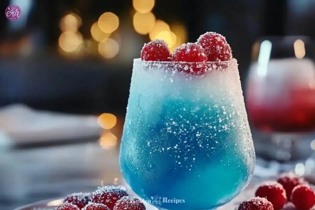 Jack Frost Mocktail in a glass with frosty decorations