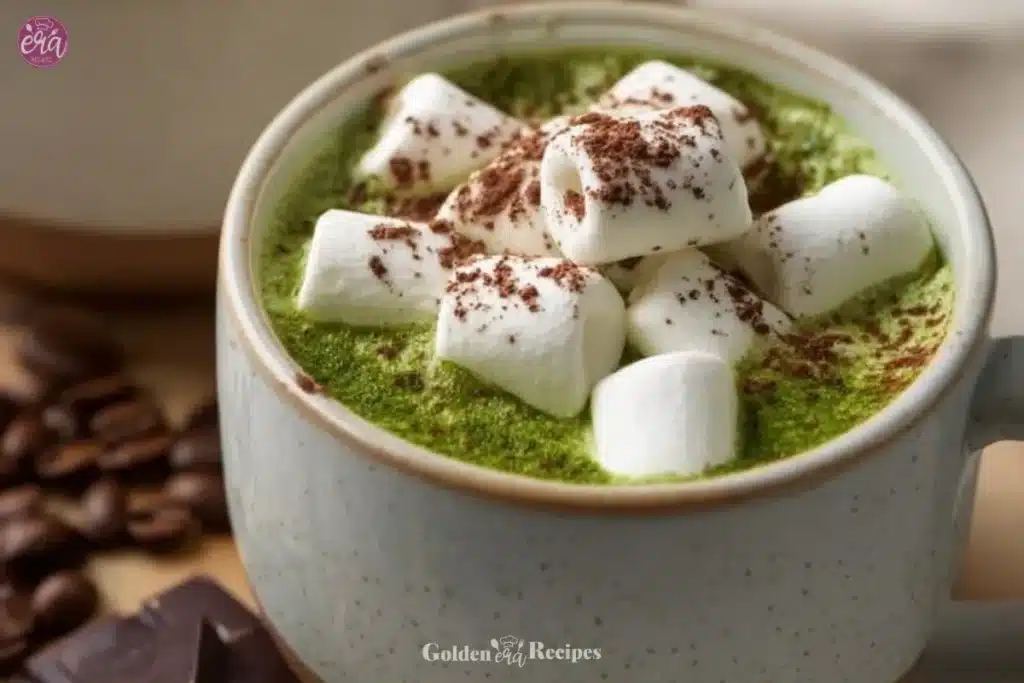 Matcha White Hot Chocolate 1 A delicious cup of matcha white hot chocolate topped with whipped cream and green tea powder.