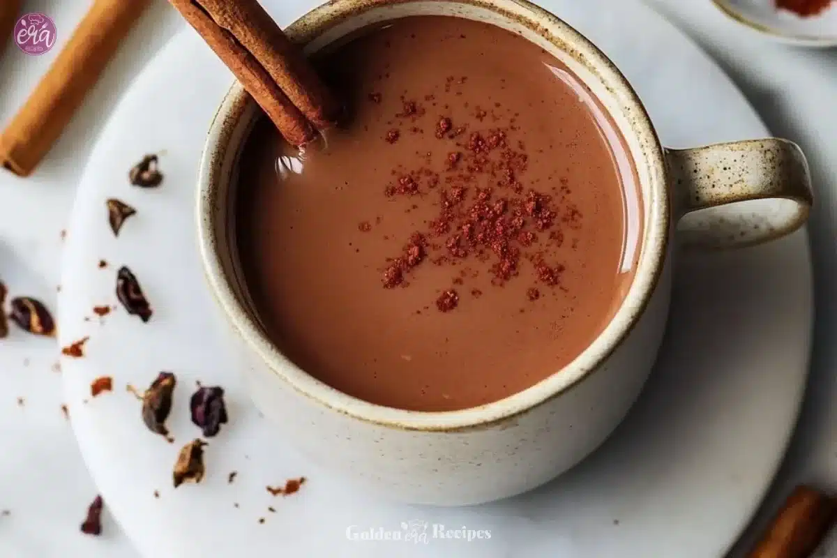 Mayan hot chocolate served in a traditional cup with spices and chocolate shavings.