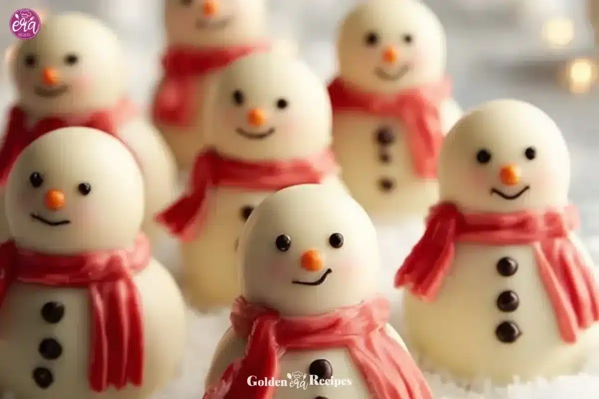 Mini no-bake vegan snowman truffles decorated for the holidays.