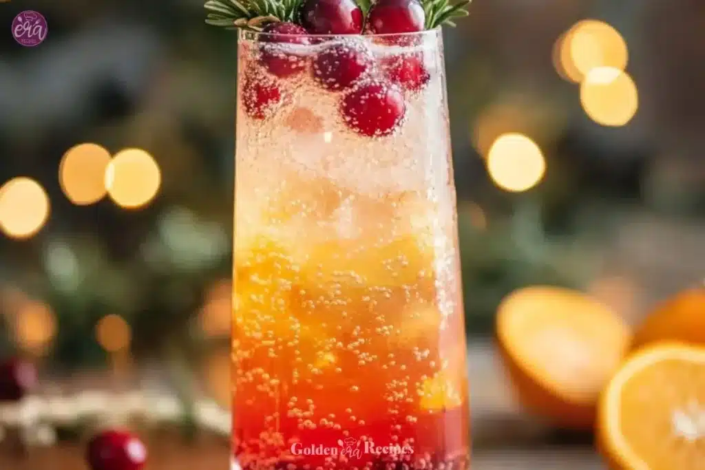 A vibrant orange cranberry mocktail garnished with fresh orange slices.