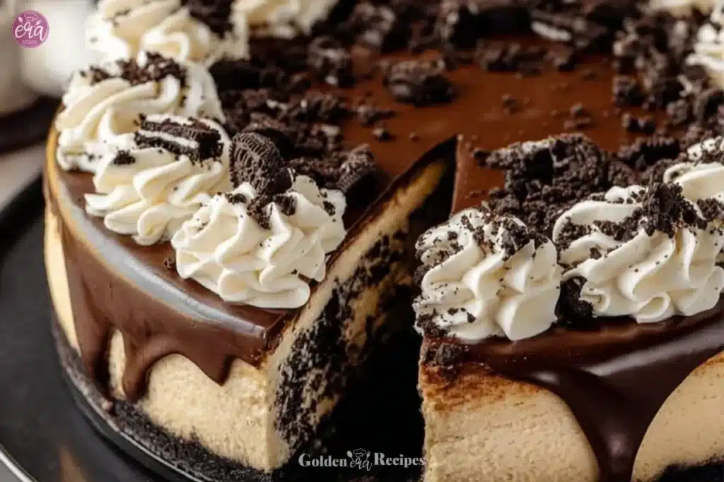 Delicious homemade Oreo cheesecake topped with crushed Oreos.
