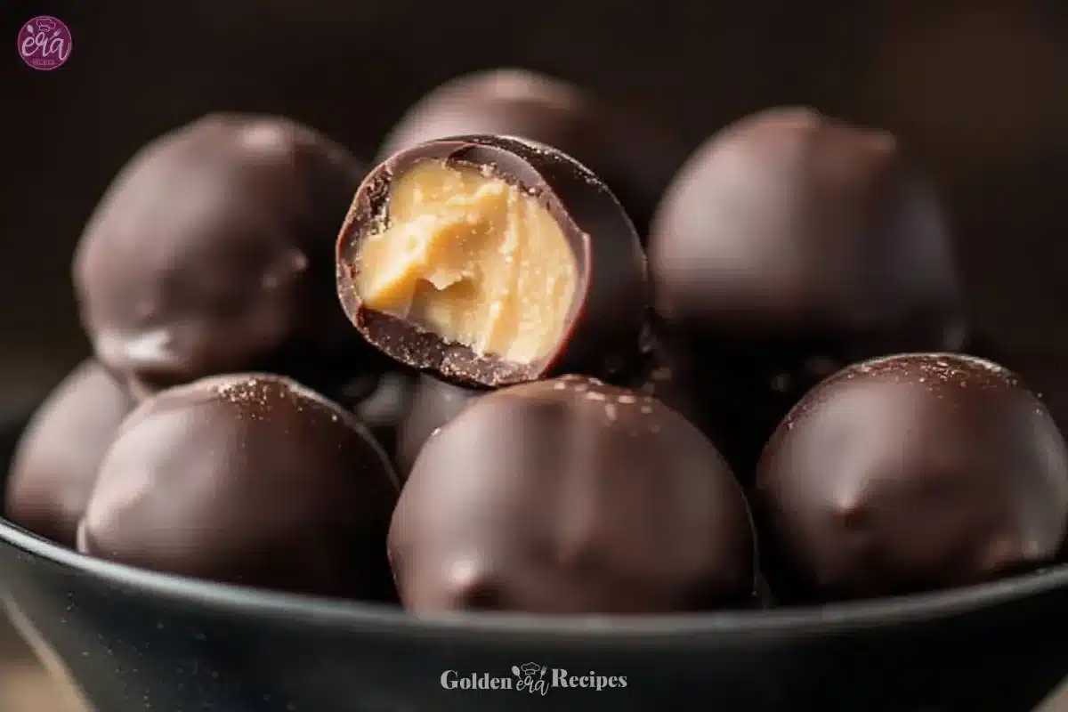 Homemade peanut butter balls on a plate, drizzled with chocolate.