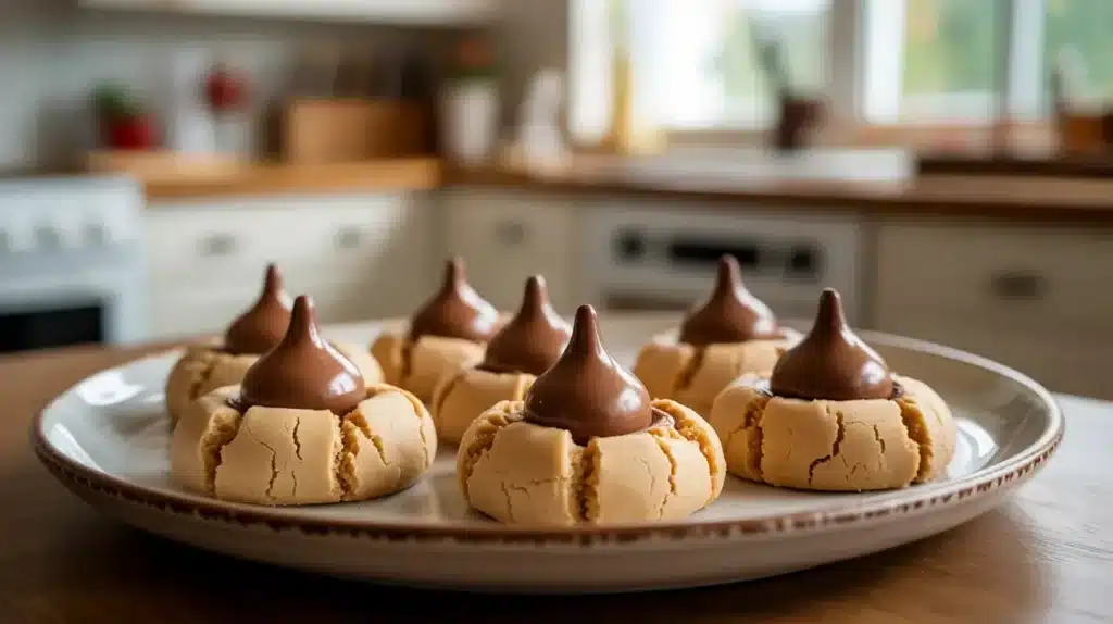 Peanut Butter Blossoms with a Soft Center and Classic Chocolate Kiss 1 Delicious peanut butter blossoms cookies topped with chocolate kisses.