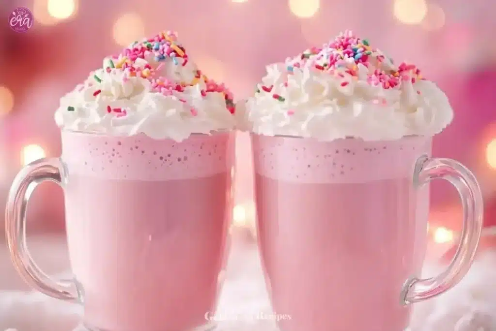 Pink Hot Chocolate 1 Delicious pink hot chocolate topped with whipped cream and sprinkles