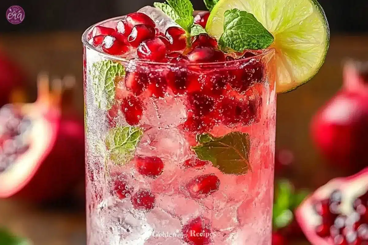 A refreshing Pomegranate Sparkler cocktail garnished with pomegranate seeds and mint.