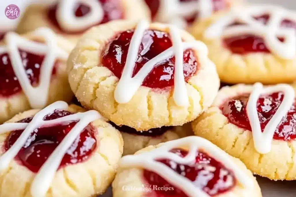 Raspberry almond thumbprint cookies topped with jam on a plate