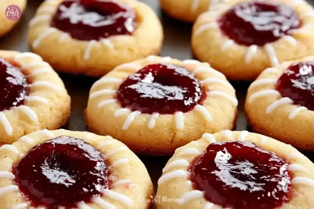 Raspberry Thumbprint Cookies 1 Delicious Raspberry Thumbprint Cookies on a baking sheet with fresh raspberries