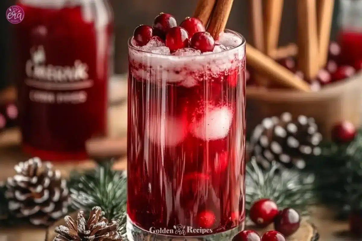 Vanilla Cranberry Crush Mocktail served in a glass with cranberries and vanilla garnish.