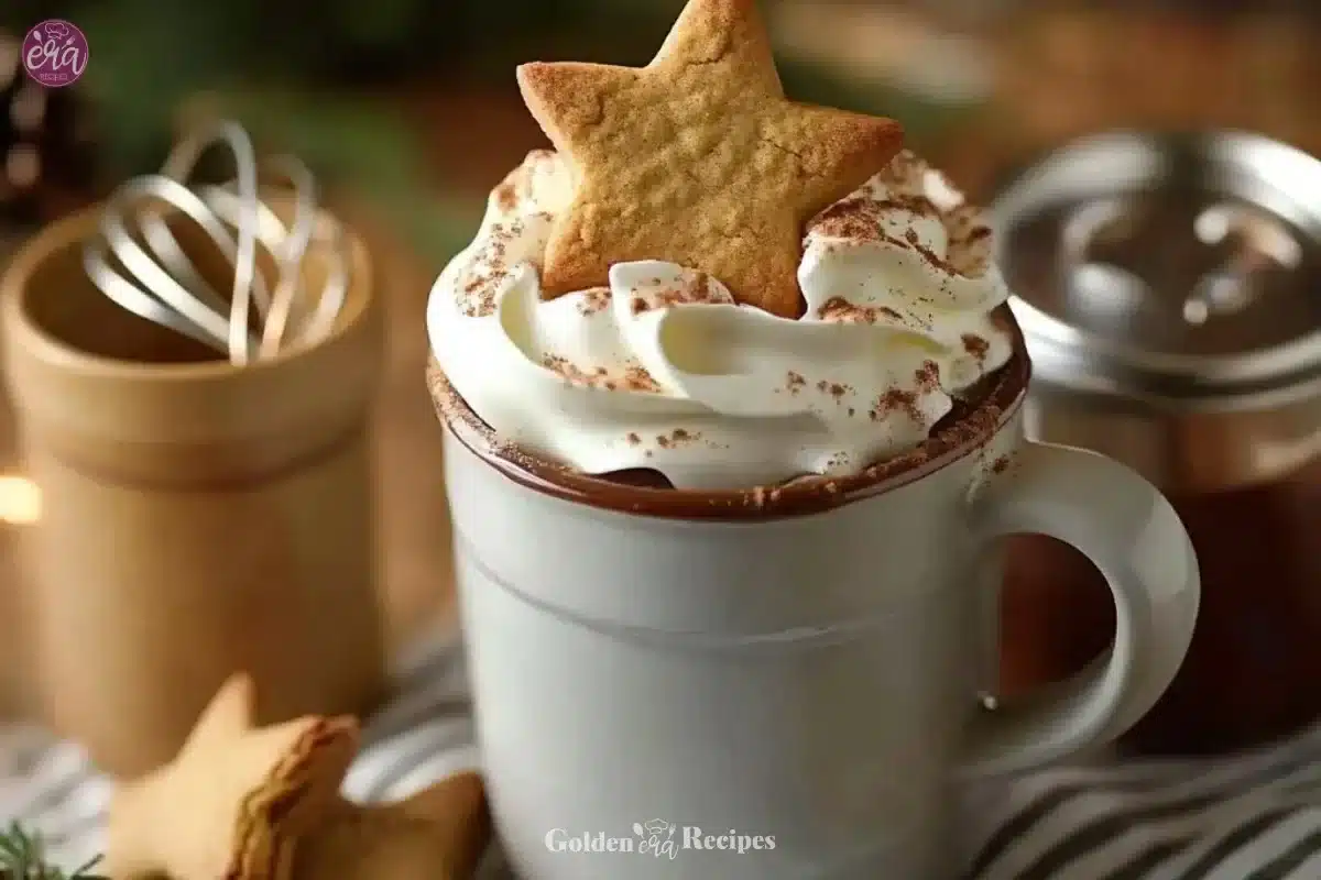 Delicious warming gingerbread hot chocolate topped with whipped cream and spices.