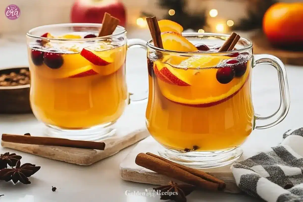 A bowl of steaming wassail spiced cider with cinnamon sticks and apple slices