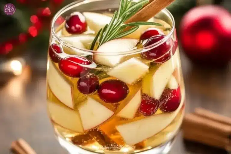 White Christmas Sangria Recipe 7 Refreshing White Christmas Sangria in a festive glass garnished with fruit.