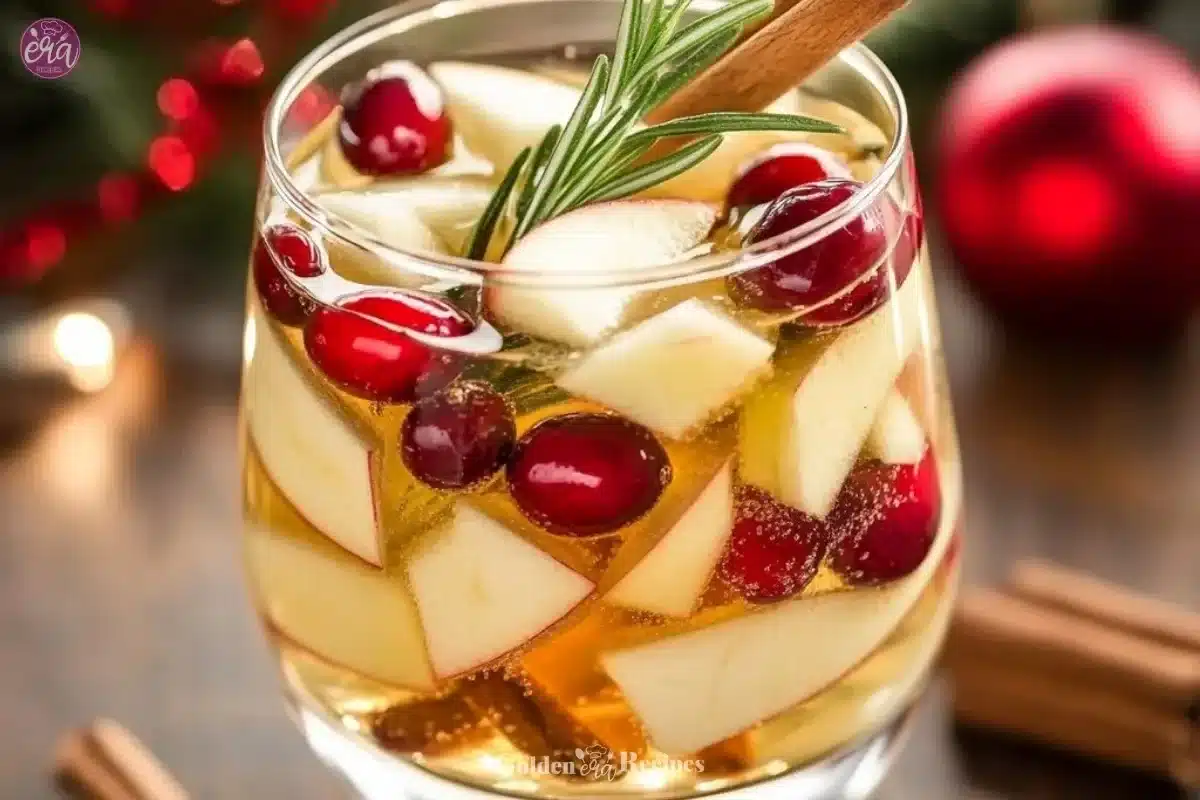 Refreshing White Christmas Sangria in a festive glass garnished with fruit.