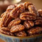 Bowl of 5-minute cinnamon sugar candied pecans, crunchy and sweet snack