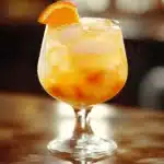 A vibrant glass of Amaretto Island Punch garnished with tropical fruits.