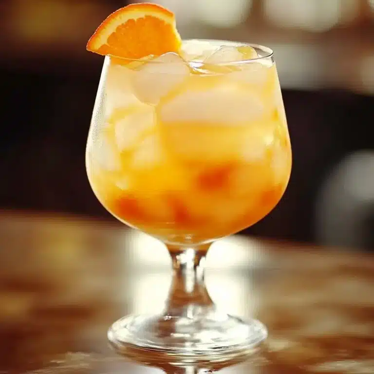 A vibrant glass of Amaretto Island Punch garnished with tropical fruits.