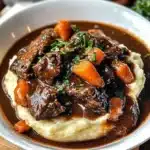 Bowl of authentic beef bourguignon garnished with fresh herbs
