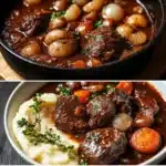 Delicious Beef Burgundy with vegetables and herbs in red wine sauce.