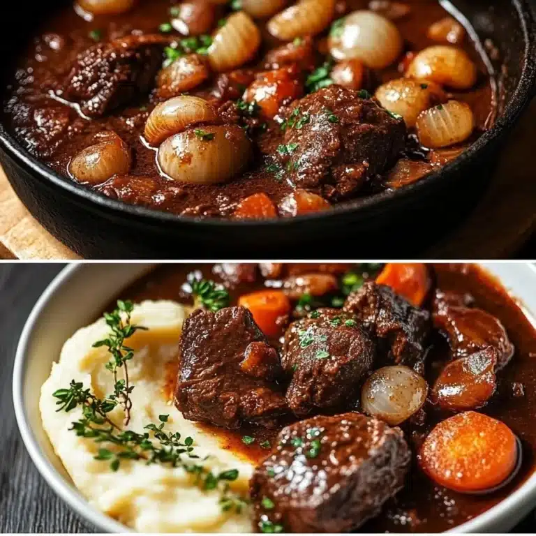 Delicious Beef Burgundy with vegetables and herbs in red wine sauce.