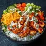Delicious Buffalo Chicken Bowls with fresh ingredients and spicy sauce.