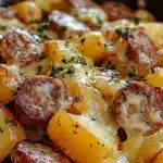 Delicious cheesy ranch potatoes with smoked sausage served on a plate