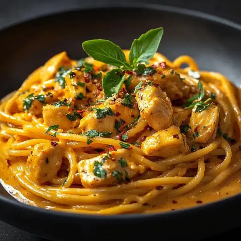 Delicious Cowboy Butter Chicken Linguine garnished with fresh herbs