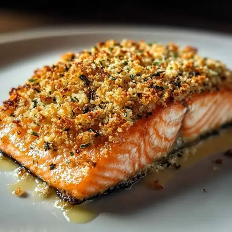 Crispy Parmesan Salmon Bake 9 Crispy Parmesan Salmon Bake garnished with herbs on a serving plate.