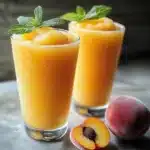 Frozen peach lemonade slushie in a glass with fresh peaches and lemons