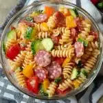 High protein Italian pasta salad with fresh vegetables and nutrients