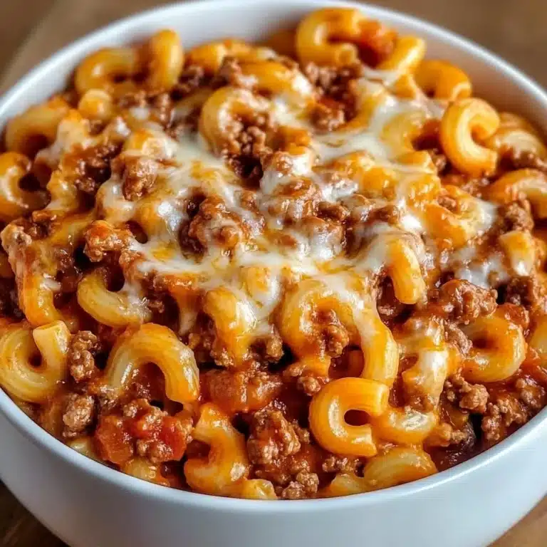 Delicious plate of Homemade Beefaroni topped with cheese and herbs