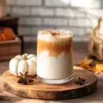 Iced pumpkin cream chai tea latte in a glass with a cinnamon stick