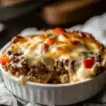 Low Carb Philly Cheesesteak Casserole with cheese and vegetables