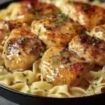 One-pan chicken cooked with buttered noodles for a quick and easy meal