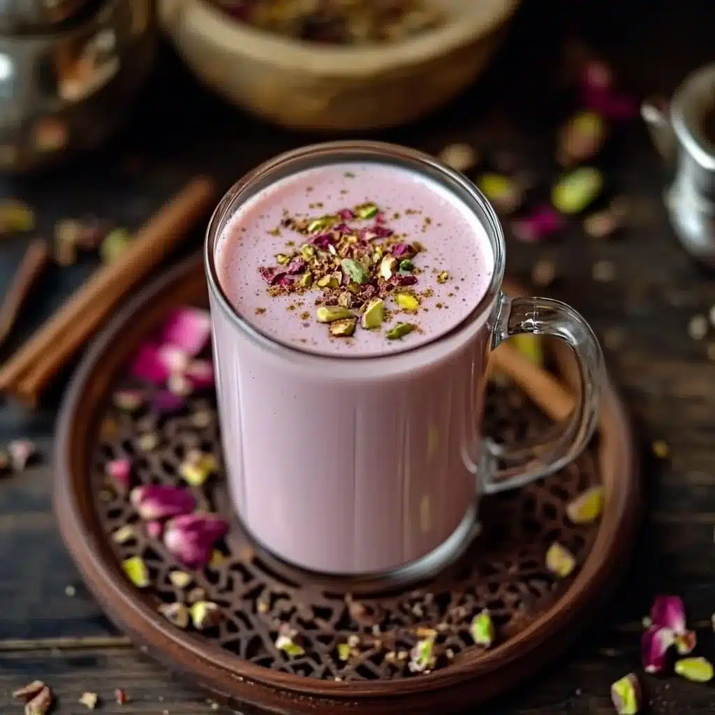Pink Tea Recipe: The Beautiful Brew Known as Kashmiri Chai 5 A cup of Kashmiri chai, showcasing its vibrant pink color and garnished with nuts.