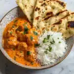 Delicious homemade butter chicken served with rice and naan
