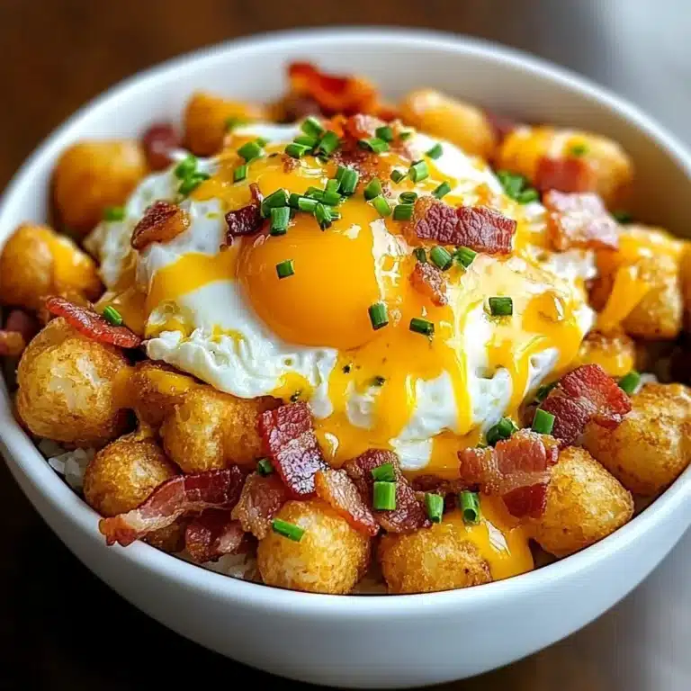 Hearty tater tot breakfast bowl topped with eggs and veggies.