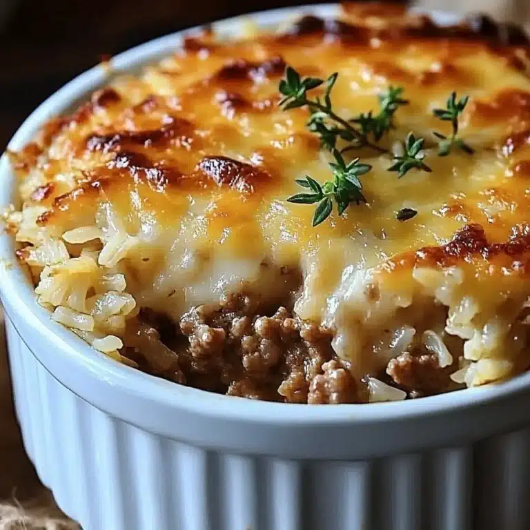 Savory French onion casserole with ground beef and rice, baked to perfection.