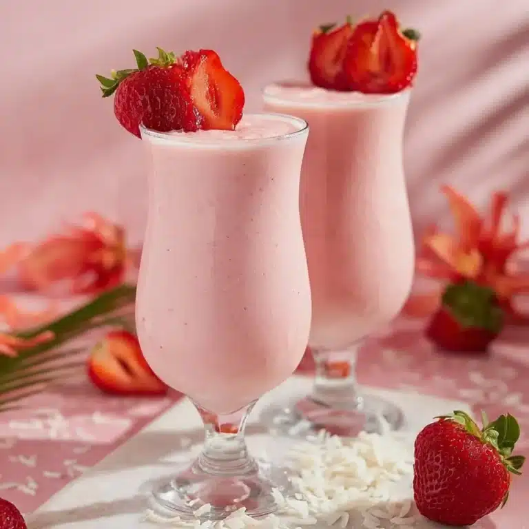 Strawberry Pina Colada Recipe 9 Strawberry Pina Colada in a glass with fresh strawberries and pineapple