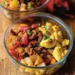 A hearty Tex-Mex protein breakfast bowl filled with eggs, beans, and fresh toppings