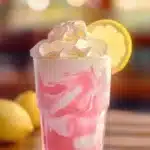 A fresh glass of whipped pink lemonade garnished with lemon slices and mint.