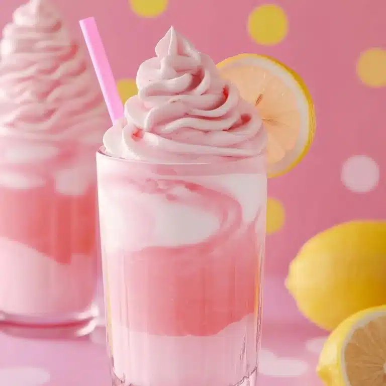 Delicious whipped pink lemonade in a glass with a slice of lemon