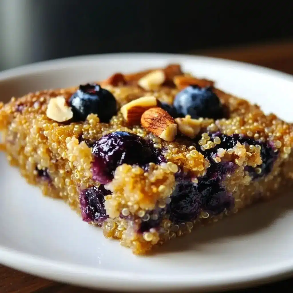 Wholesome blueberry quinoa breakfast bake topped with fresh blueberries