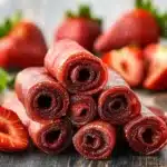 Homemade 3-ingredient strawberry fruit roll-ups on a wooden table